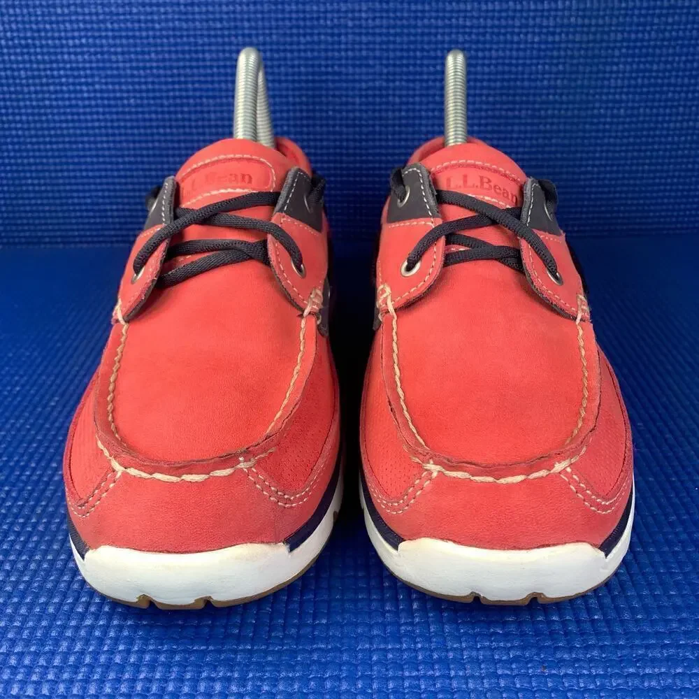 🔴 L.L. BEAN LEATHER BOAT Women`s Size 7.5 Red Salmon Navy Blue Comfort Shoes